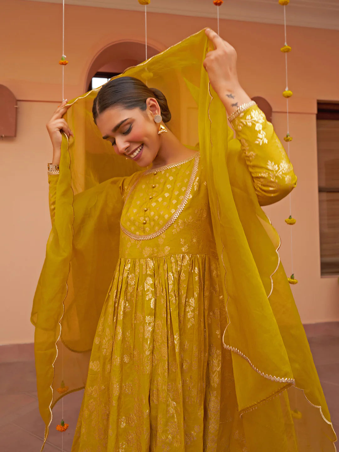 Yellow Brocade Woven Design Kurta With Palazzo And Dupatta