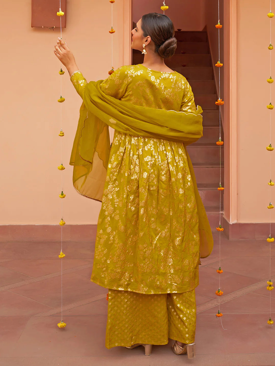 Yellow Brocade Woven Design Kurta With Palazzo And Dupatta