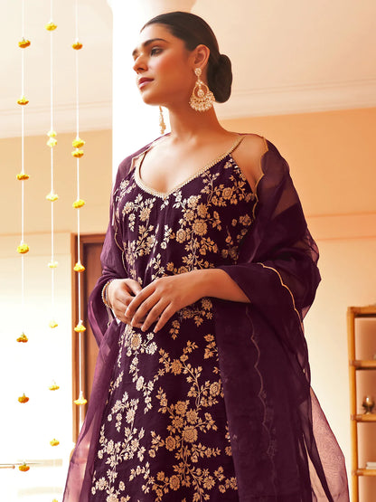 Purple Brocade Woven Design Kurta With Palazzo And Dupatta