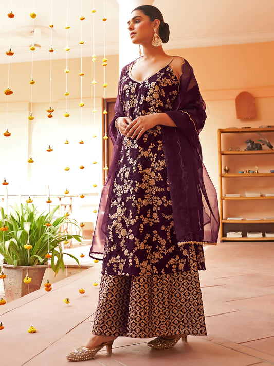 Purple Brocade Woven Design Kurta With Palazzo And Dupatta