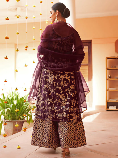Purple Brocade Woven Design Kurta With Palazzo And Dupatta