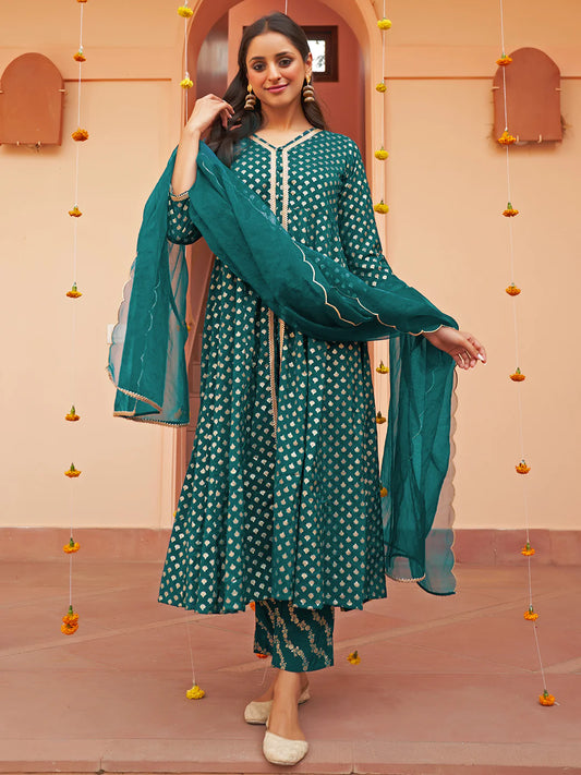 Teal Brocade Woven Design Kurta With Pant And Dupatta