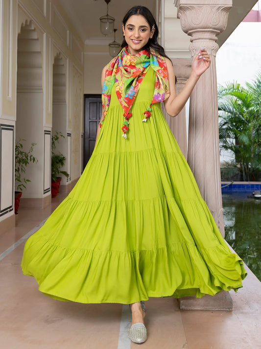 Lime Green Rayon Solid Kurta And Scarf