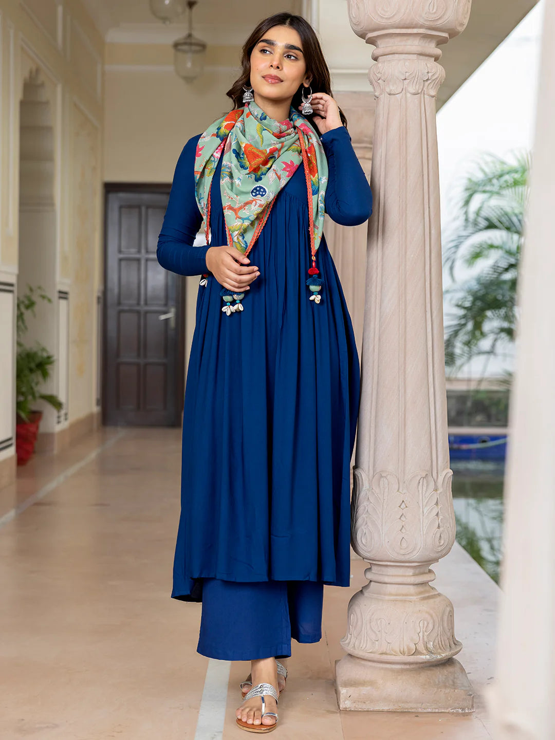 Blue Rayon Solid Kurta With Palazzo And Scarf
