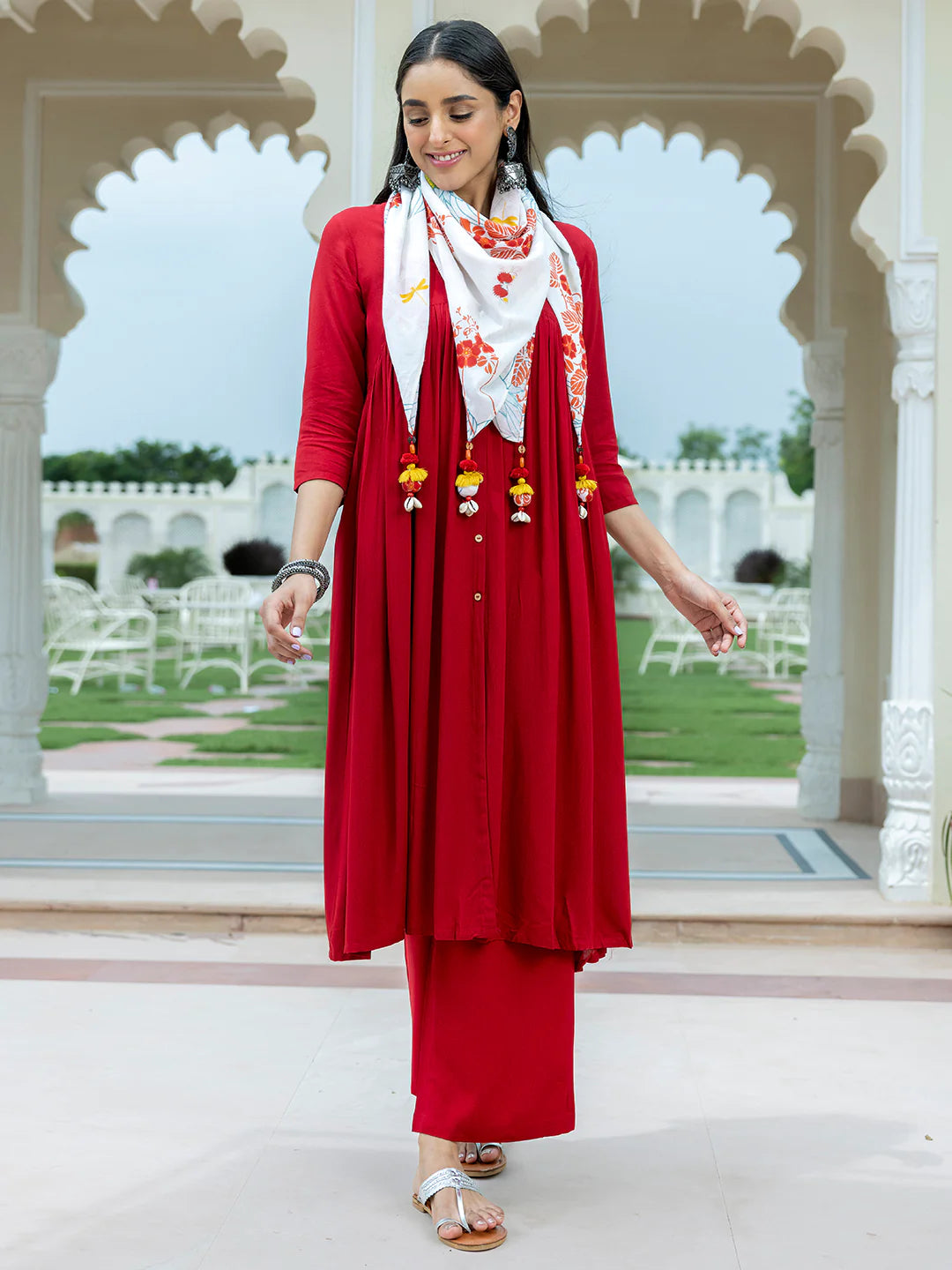 Maroon Rayon Solid Kurta With Palazzo And Scarf