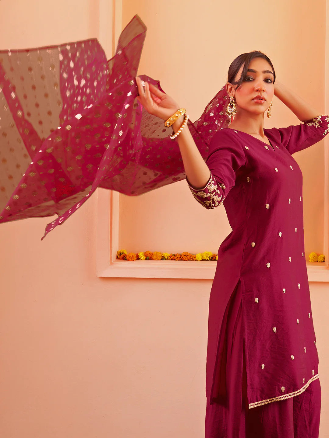 Pink Chanderi Embellished Kurta With Palazzo And Dupatta Silae