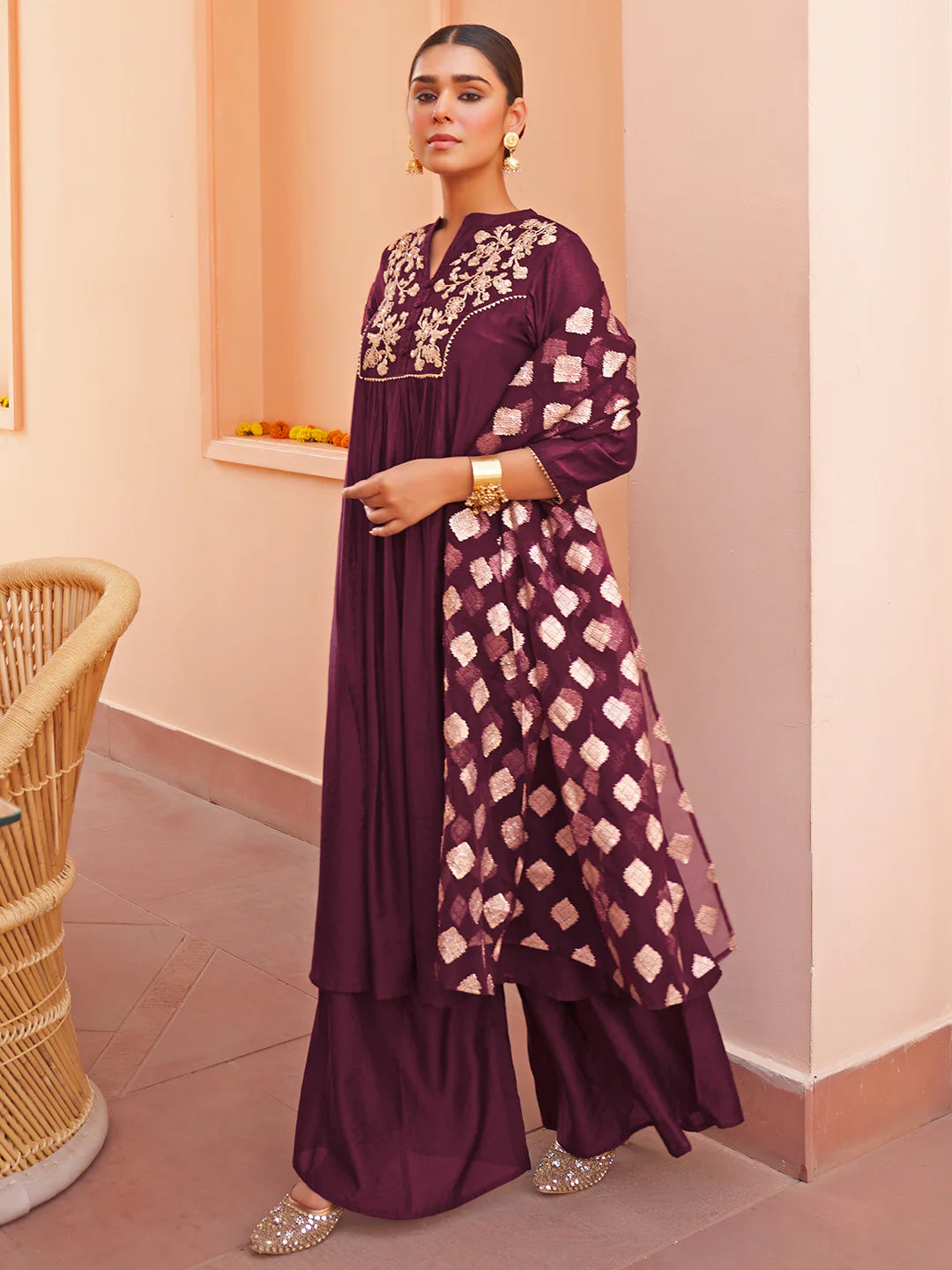 Purple Chanderi Embellished Kurta With Palazzo And Dupatta
