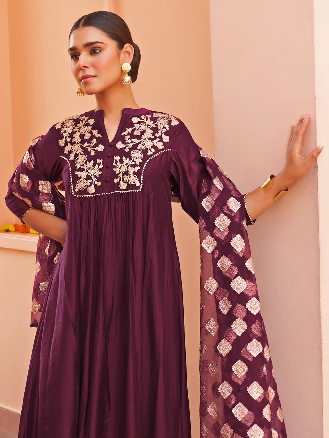 Purple Chanderi Embellished Kurta With Palazzo And Dupatta
