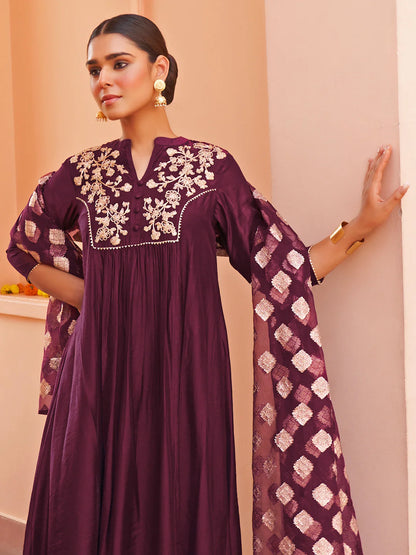 Purple Chanderi Embellished Kurta With Palazzo And Dupatta