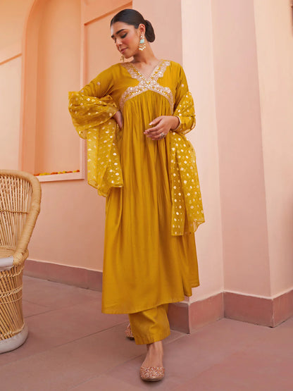 Mustard Chanderi Embellished Kurta With Palazzo And Dupatta