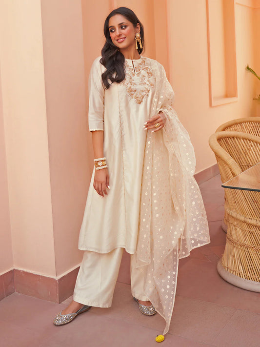 Off White Chanderi Yoke Embroidery Kurta With Palazzo And Dupatta Silae