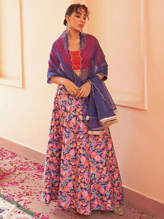 Multicolor Crepe Silk Digital Floral Printed Lehenga Choli Dupatta