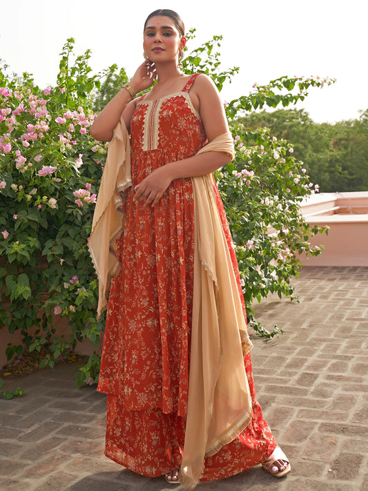 Red Georgette Embellished Kurta With Palazzo And Dupatta