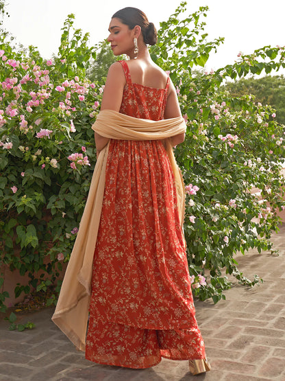 Red Georgette Embellished Kurta With Palazzo And Dupatta