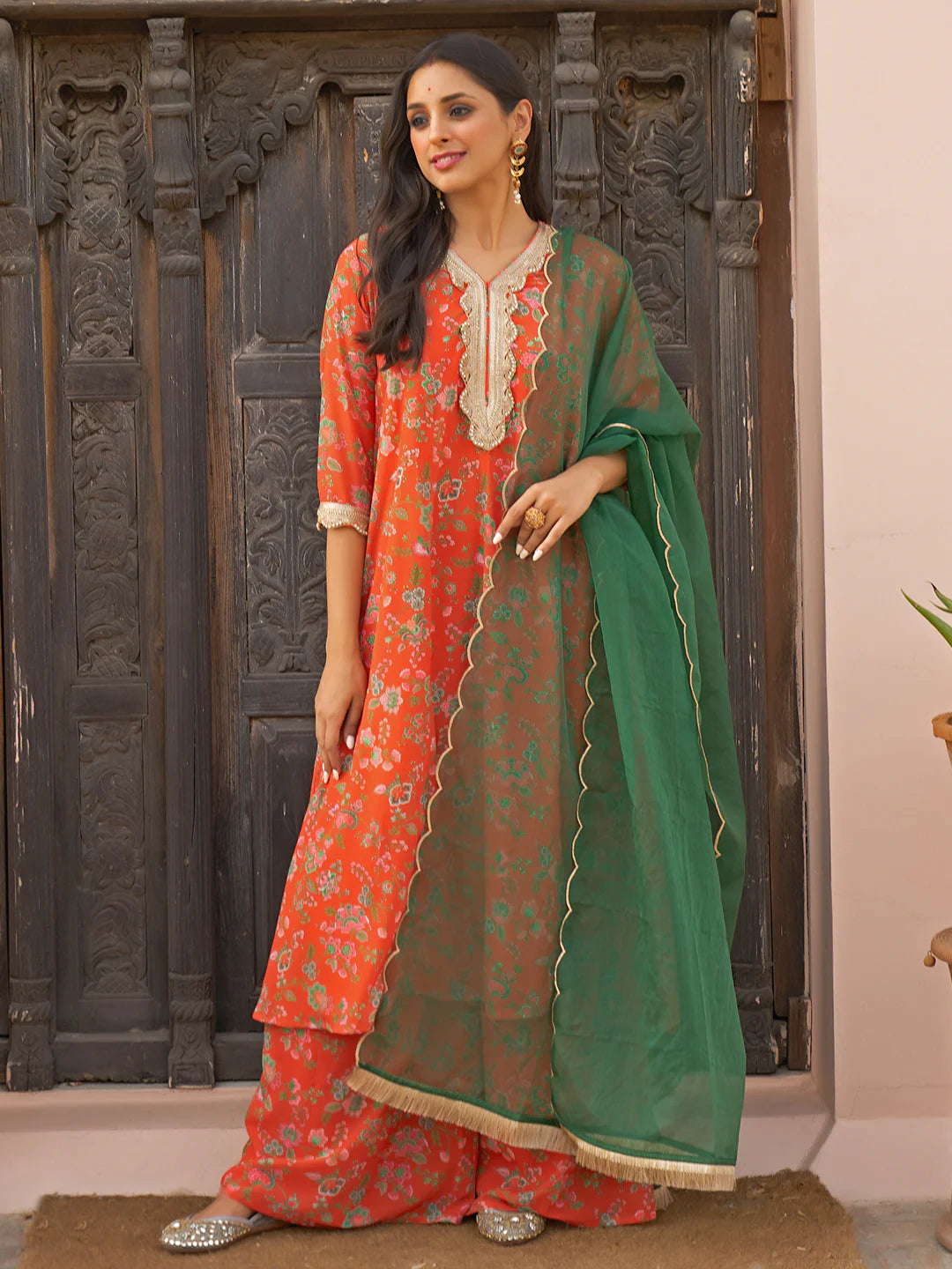 Orange Georgette Botanical Printed Kurta With Palazzo And Dupatta