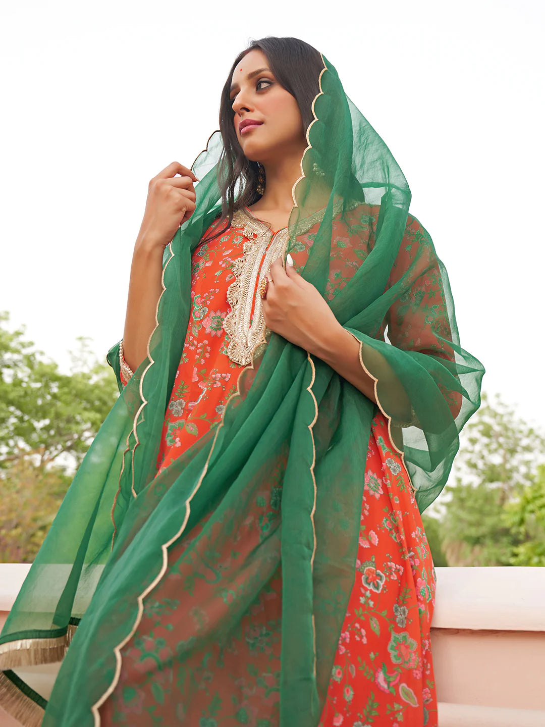 Orange Georgette Botanical Printed Kurta With Palazzo And Dupatta