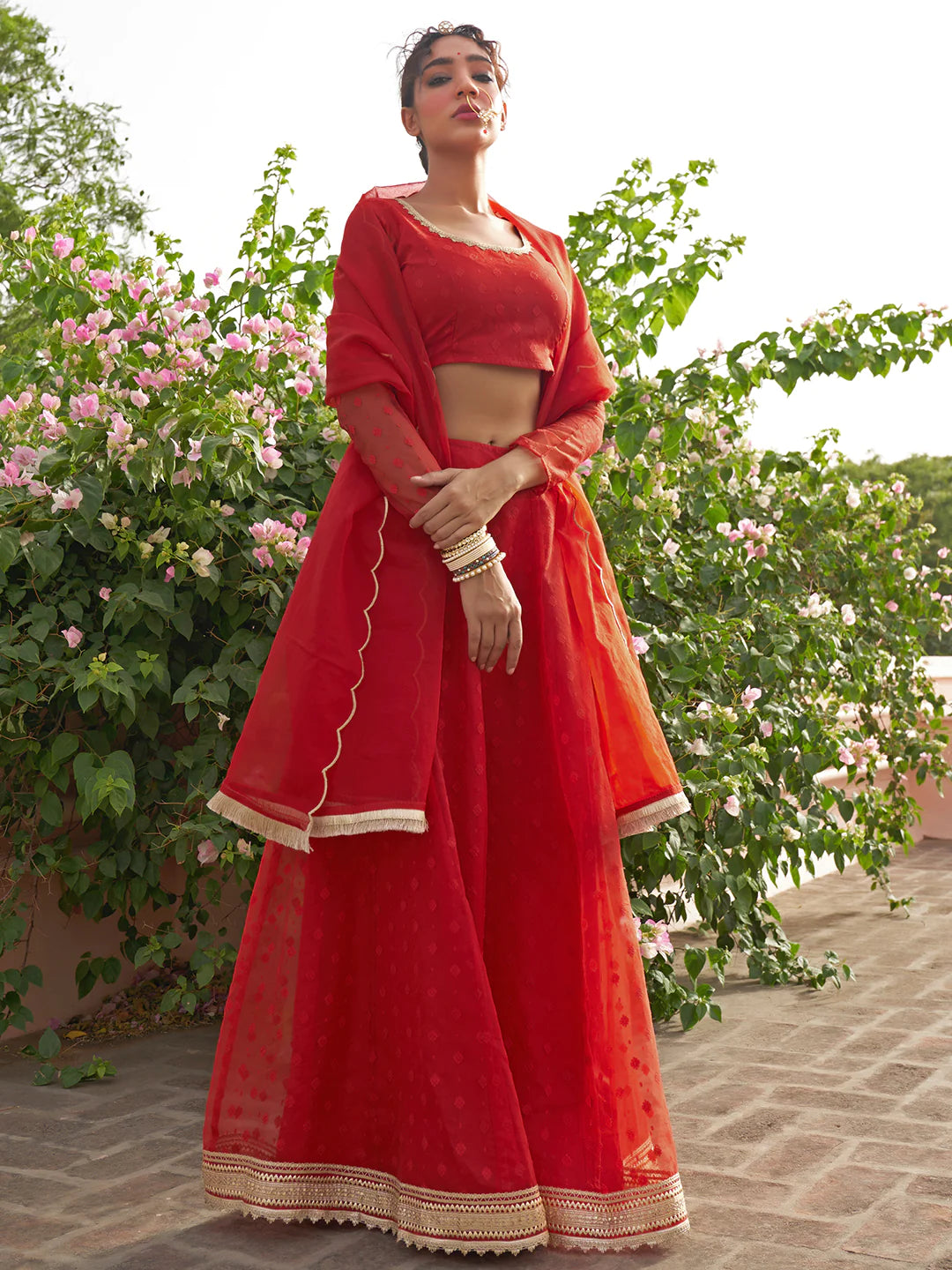 Red Organza Woven Design Lehenga Choli With Dupatta