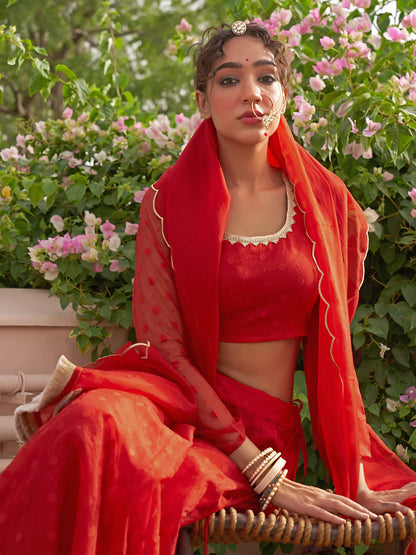 Red Organza Woven Design Lehenga Choli With Dupatta