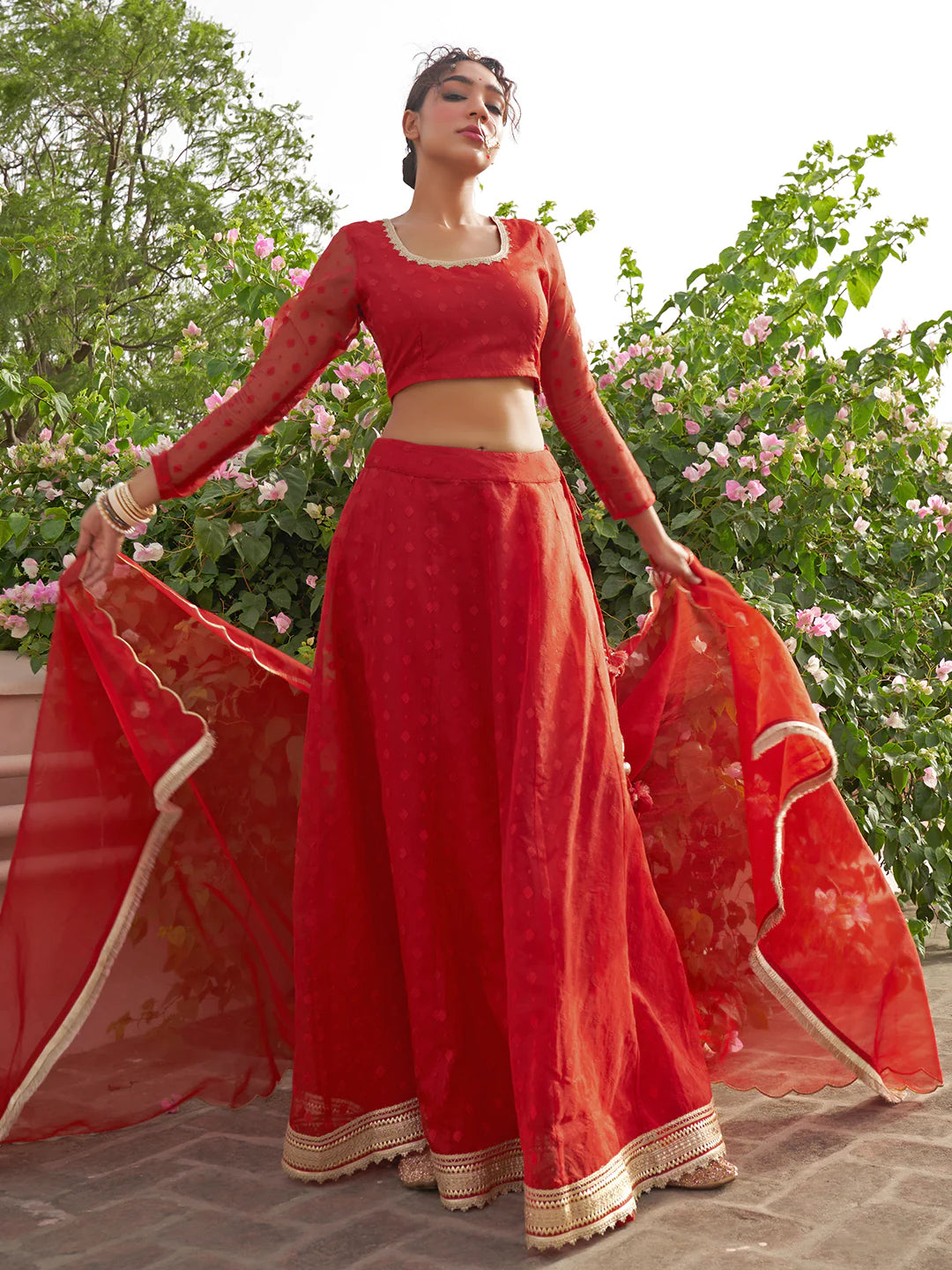 Red Organza Woven Design Lehenga Choli With Dupatta
