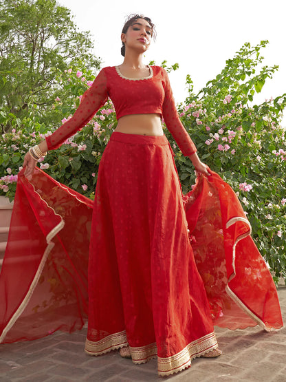 Red Organza Woven Design Lehenga Choli With Dupatta