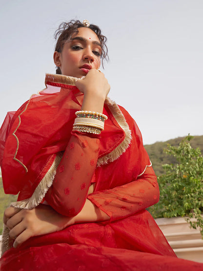 Red Organza Woven Design Lehenga Choli With Dupatta