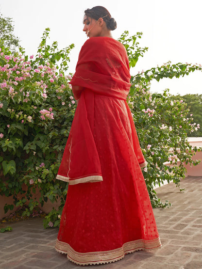 Red Organza Woven Design Lehenga Choli With Dupatta
