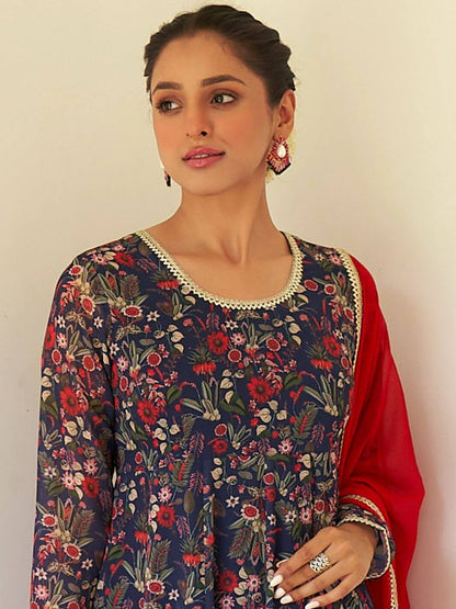 Women's Dark Blue Georgette Digital Floral Printed Kurta With Palazzo And Dupatta