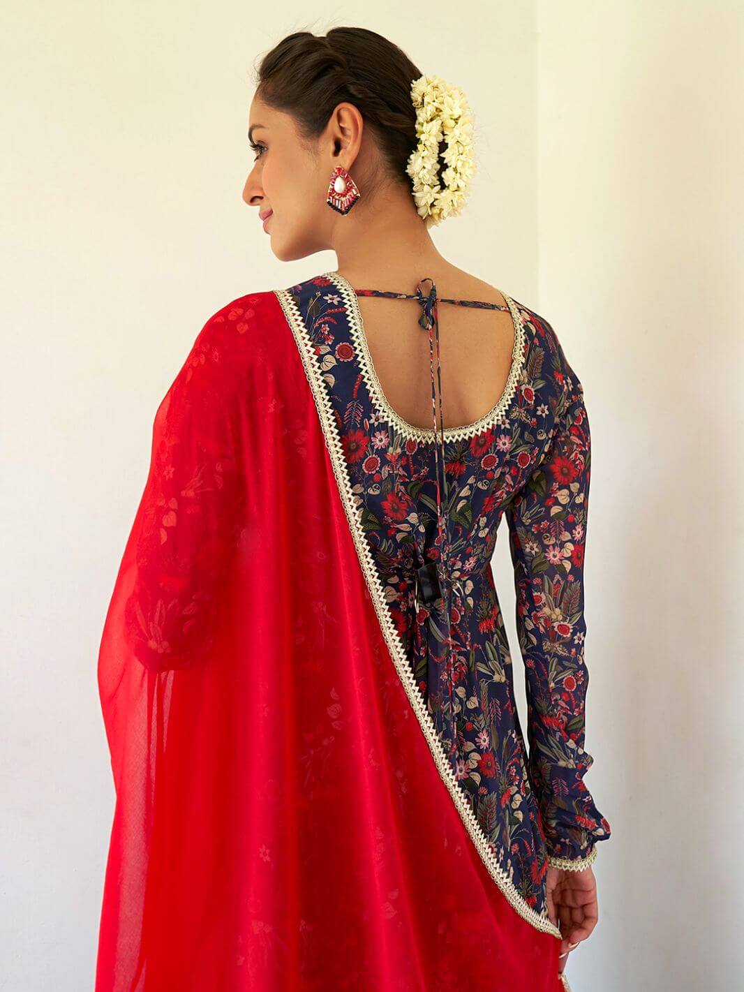 Women's Dark Blue Georgette Digital Floral Printed Kurta With Palazzo And Dupatta