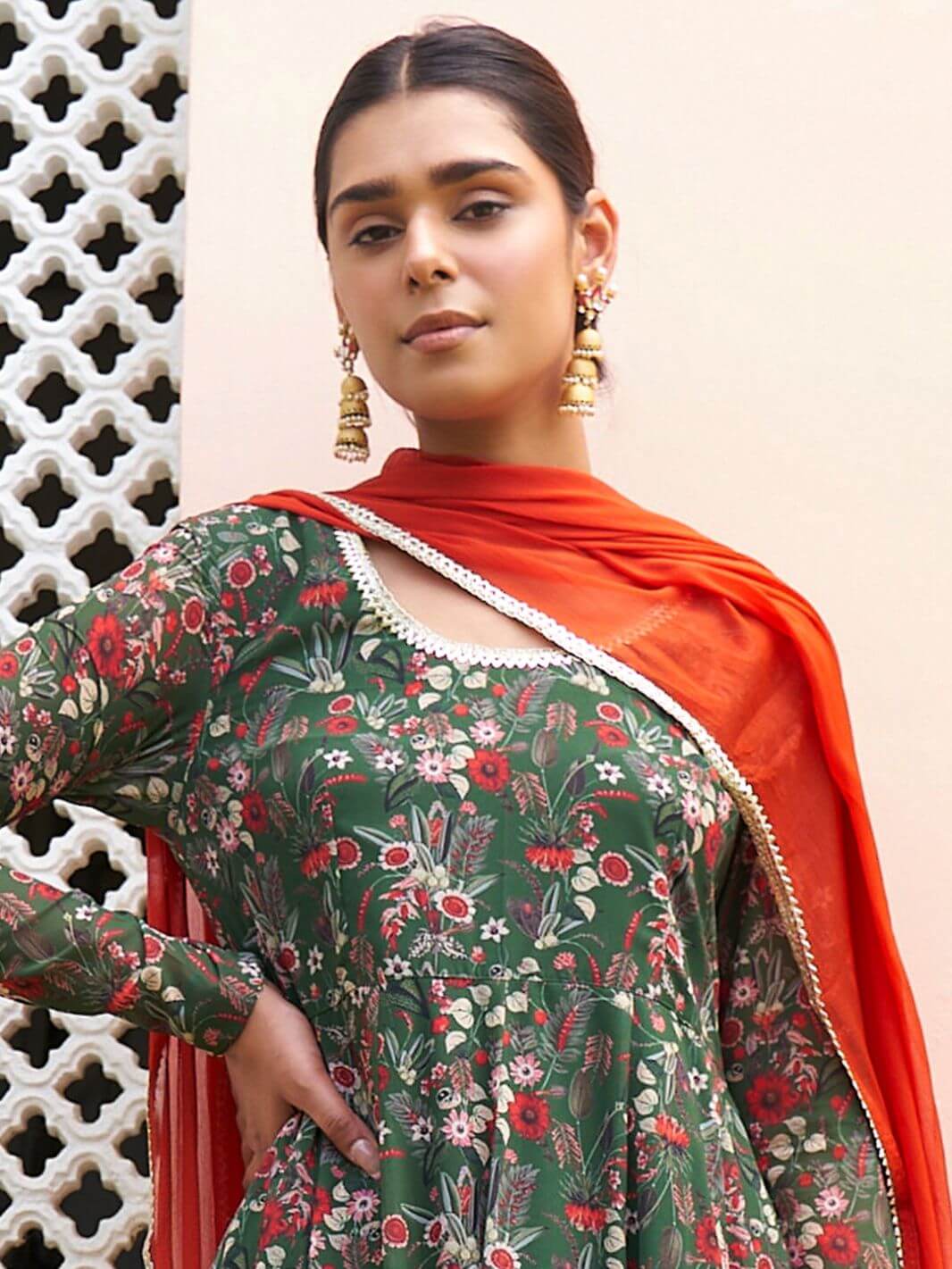 Women's Bottle Green Georgette Digital Floral Printed Kurta With Palazzo And Dupatta