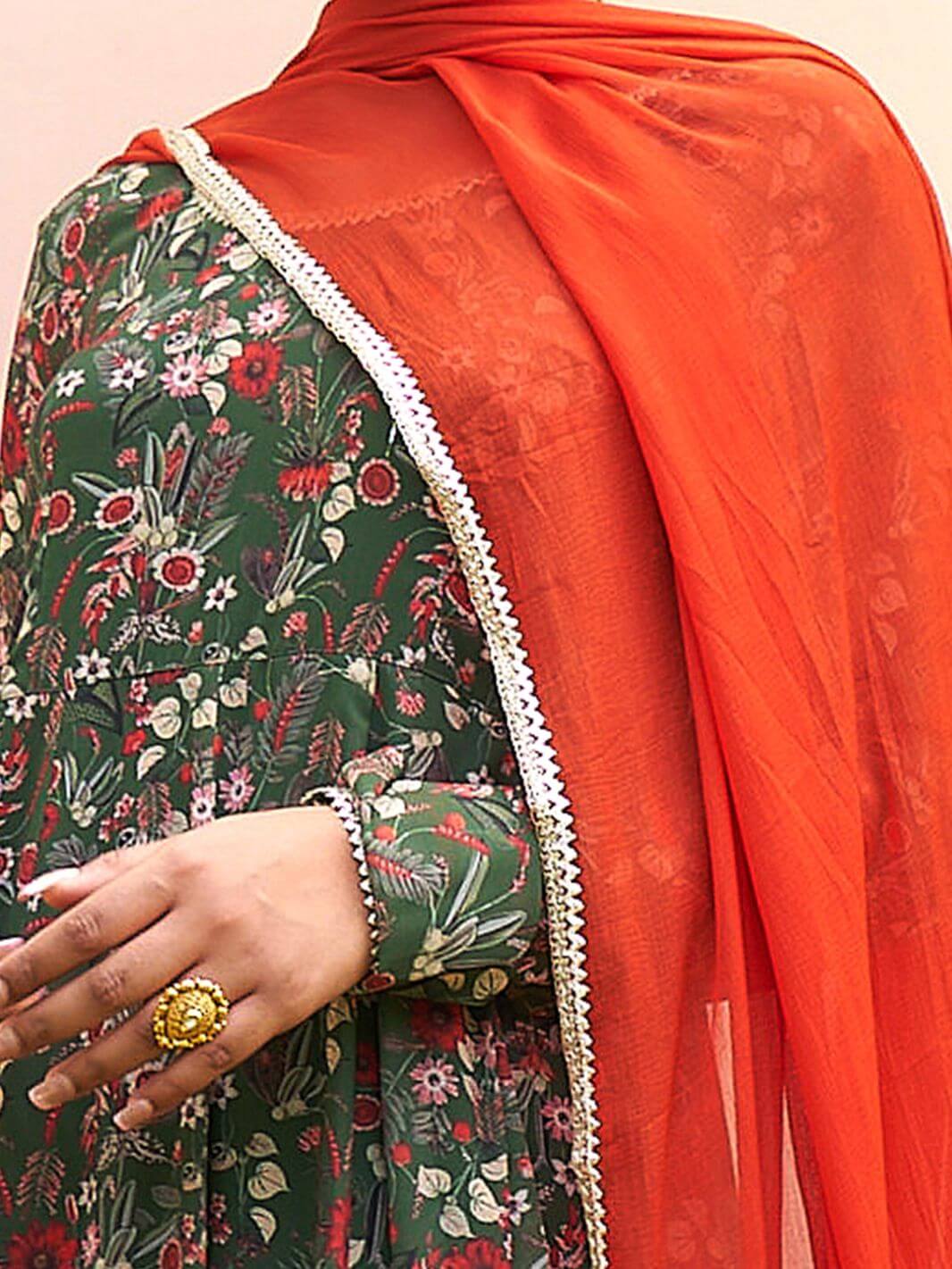 Women's Bottle Green Georgette Digital Floral Printed Kurta With Palazzo And Dupatta