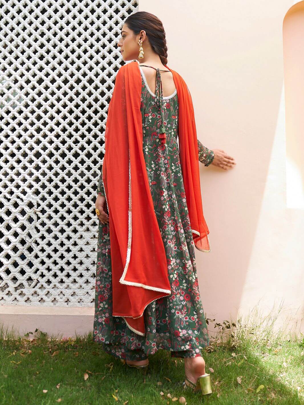 Women's Bottle Green Georgette Digital Floral Printed Kurta With Palazzo And Dupatta