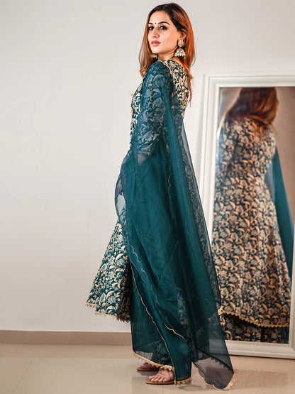 Teal Cotton Foil Floral Printed Kurta With Palazzo And Dupatta