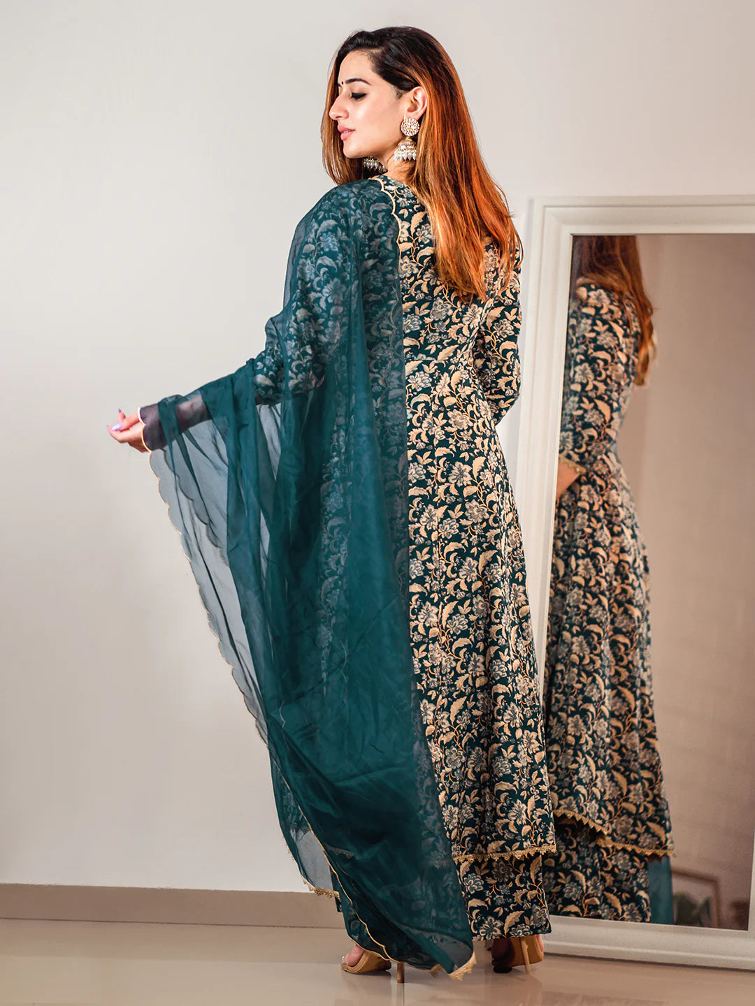Teal Cotton Foil Floral Printed Kurta With Palazzo And Dupatta