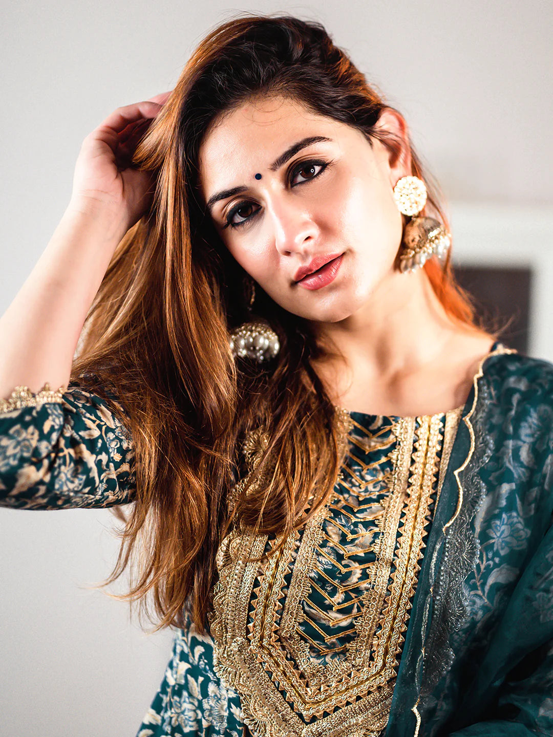 Teal Cotton Foil Floral Printed Kurta With Palazzo And Dupatta