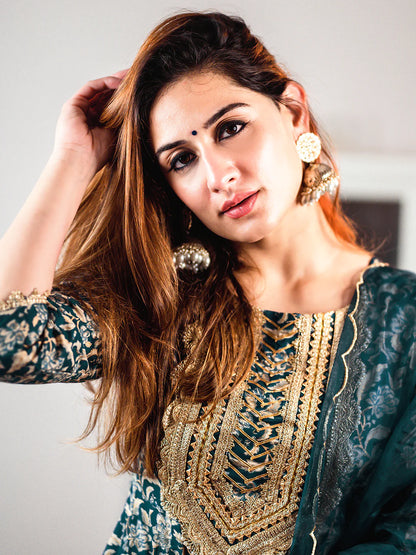 Teal Cotton Foil Floral Printed Kurta With Palazzo And Dupatta