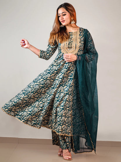 Teal Cotton Foil Floral Printed Kurta With Palazzo And Dupatta