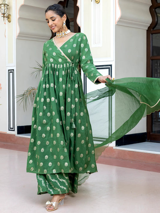 Green Brocade Woven Design Kurta With Palazzo And Dupatta