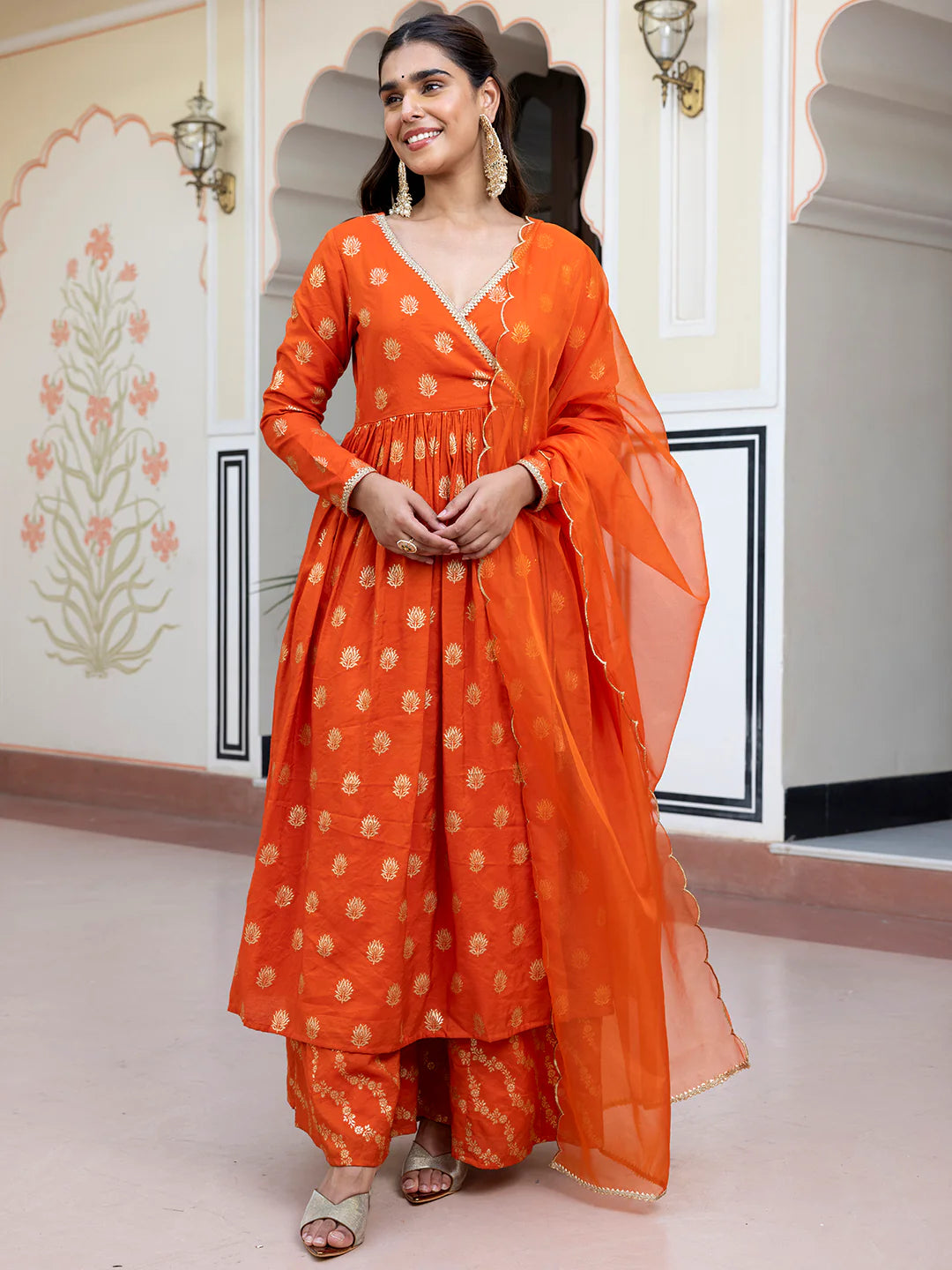 Orange Brocade Woven Design Kurta With Palazzo And Dupatta