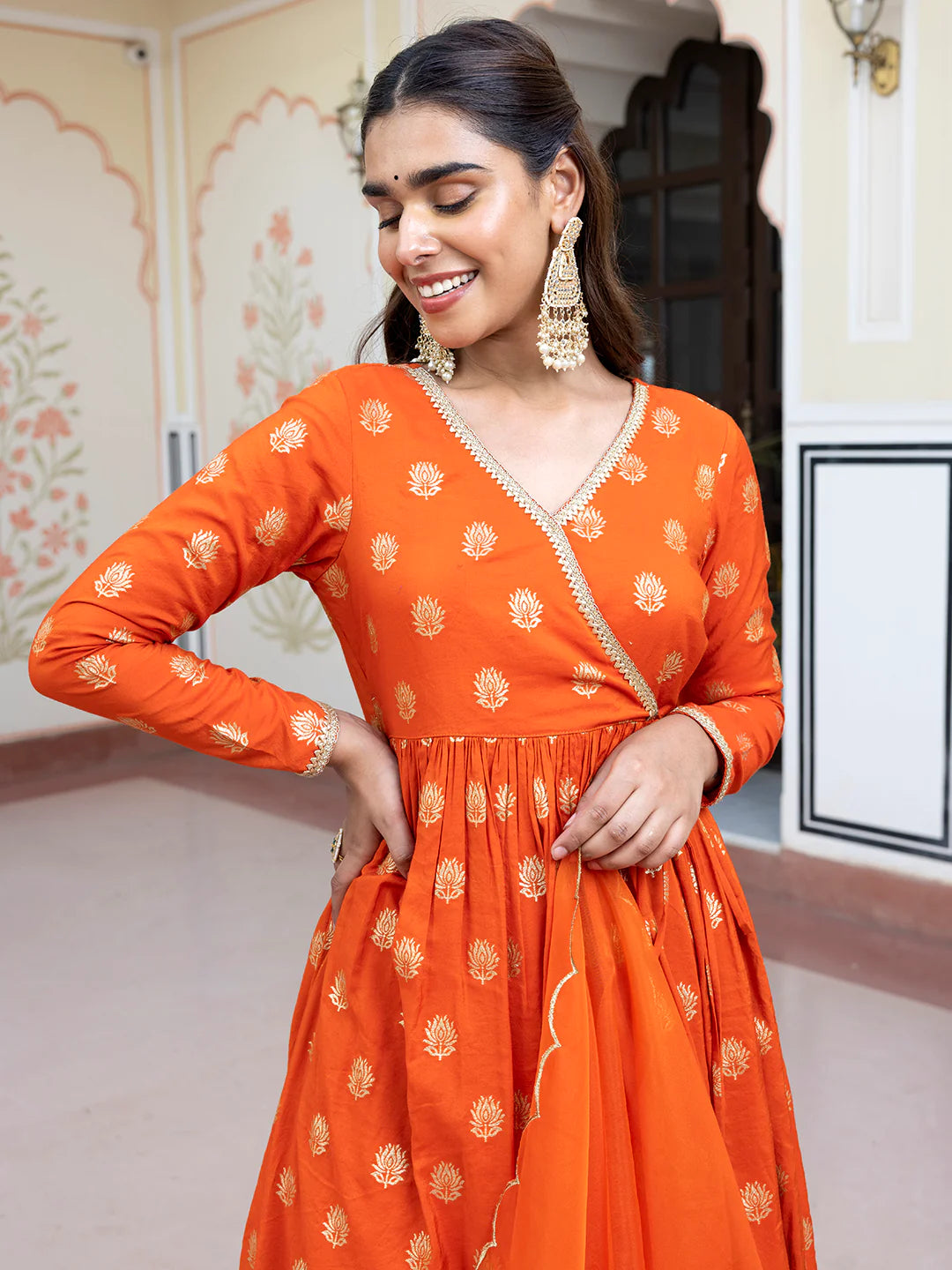 Orange Brocade Woven Design Kurta With Palazzo And Dupatta