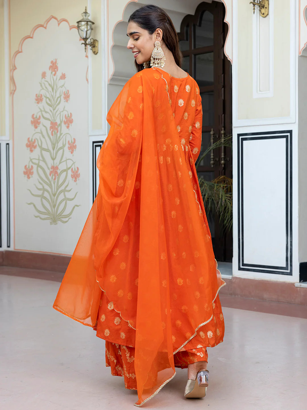 Orange Brocade Woven Design Kurta With Palazzo And Dupatta