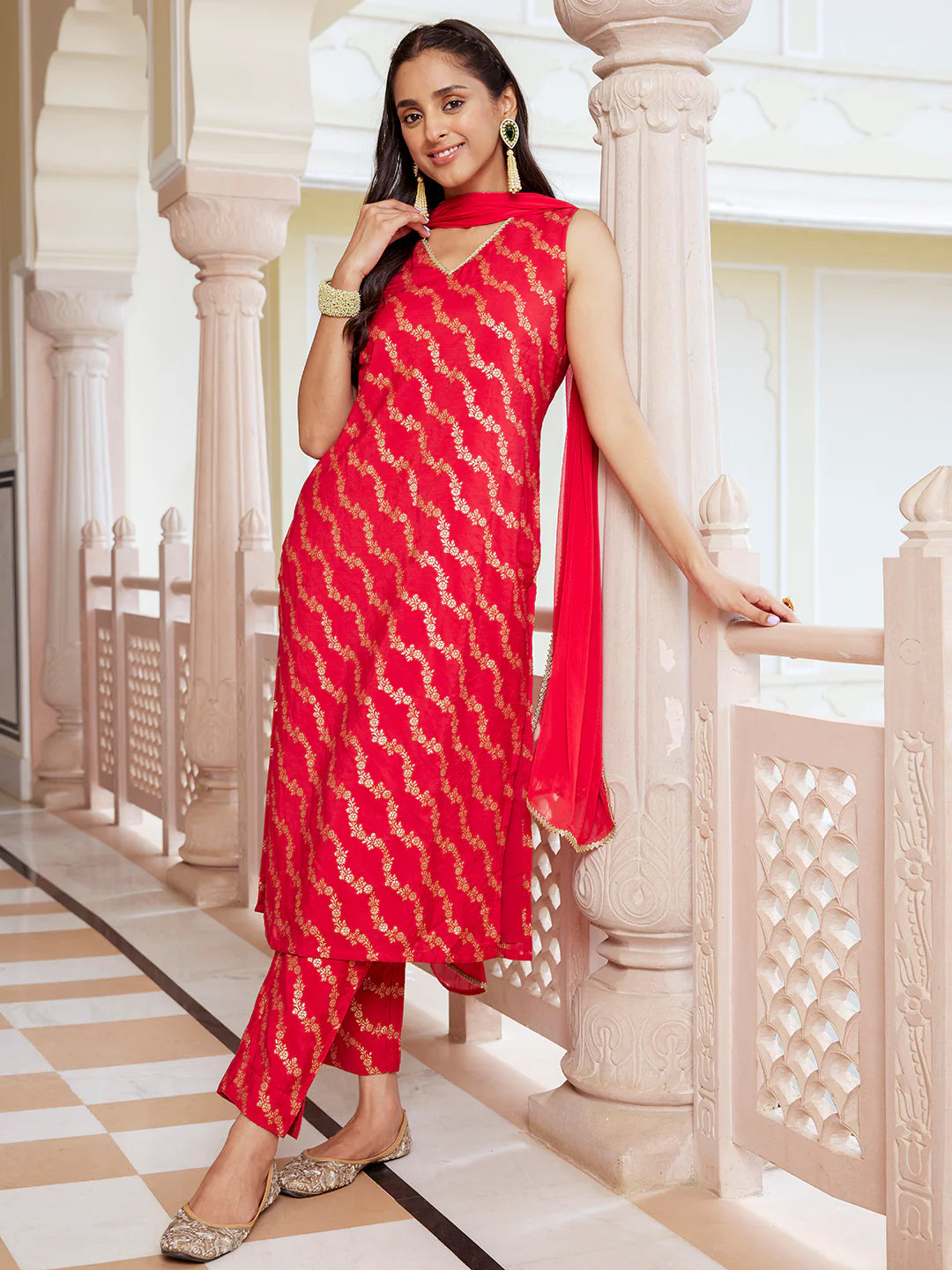 Red Brocade Woven Design Kurta With Pant And Dupatta