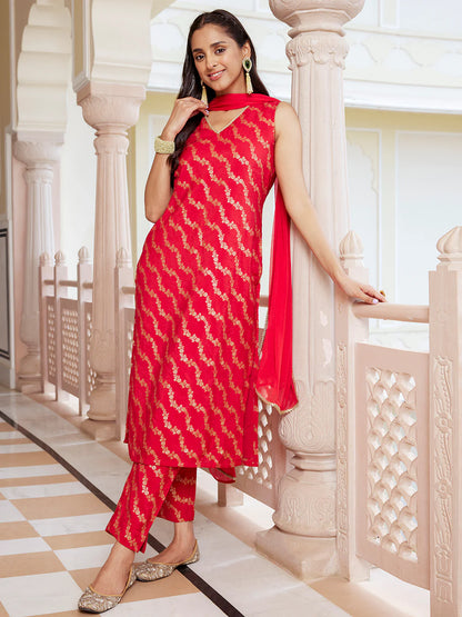 Red Brocade Woven Design Kurta With Pant And Dupatta