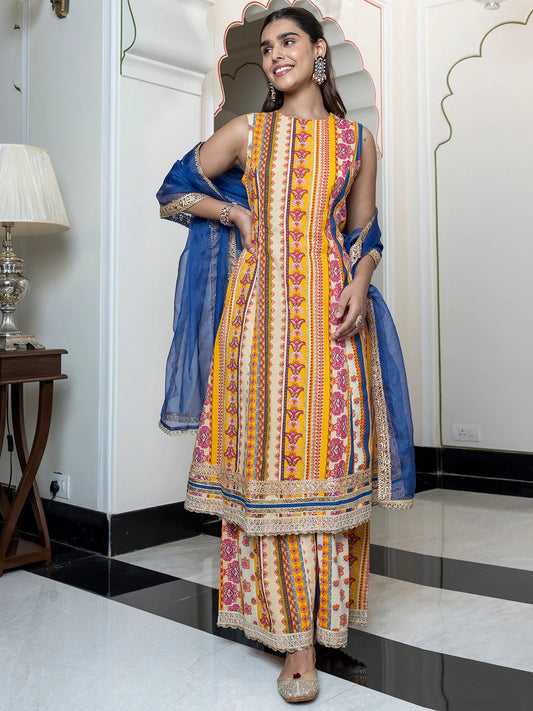 Multicolor Cotton Ethnic Printed Kurta With Palazzo And Dupatta