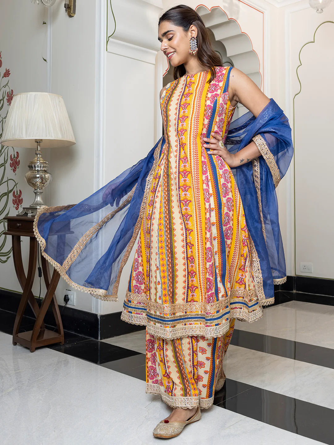 Multicolor Cotton Ethnic Printed Kurta With Palazzo And Dupatta
