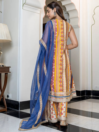 Multicolor Cotton Ethnic Printed Kurta With Palazzo And Dupatta