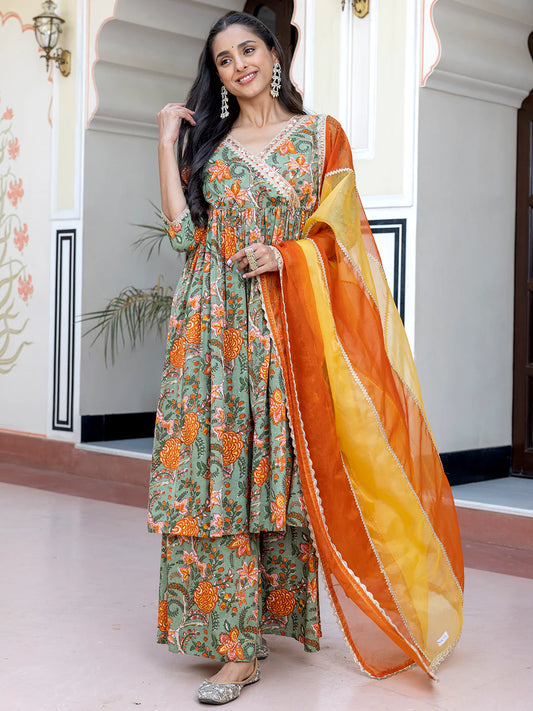 Green Cotton Embellished Ethnic Printed Kurta With Flared Palazzo And Dupatta