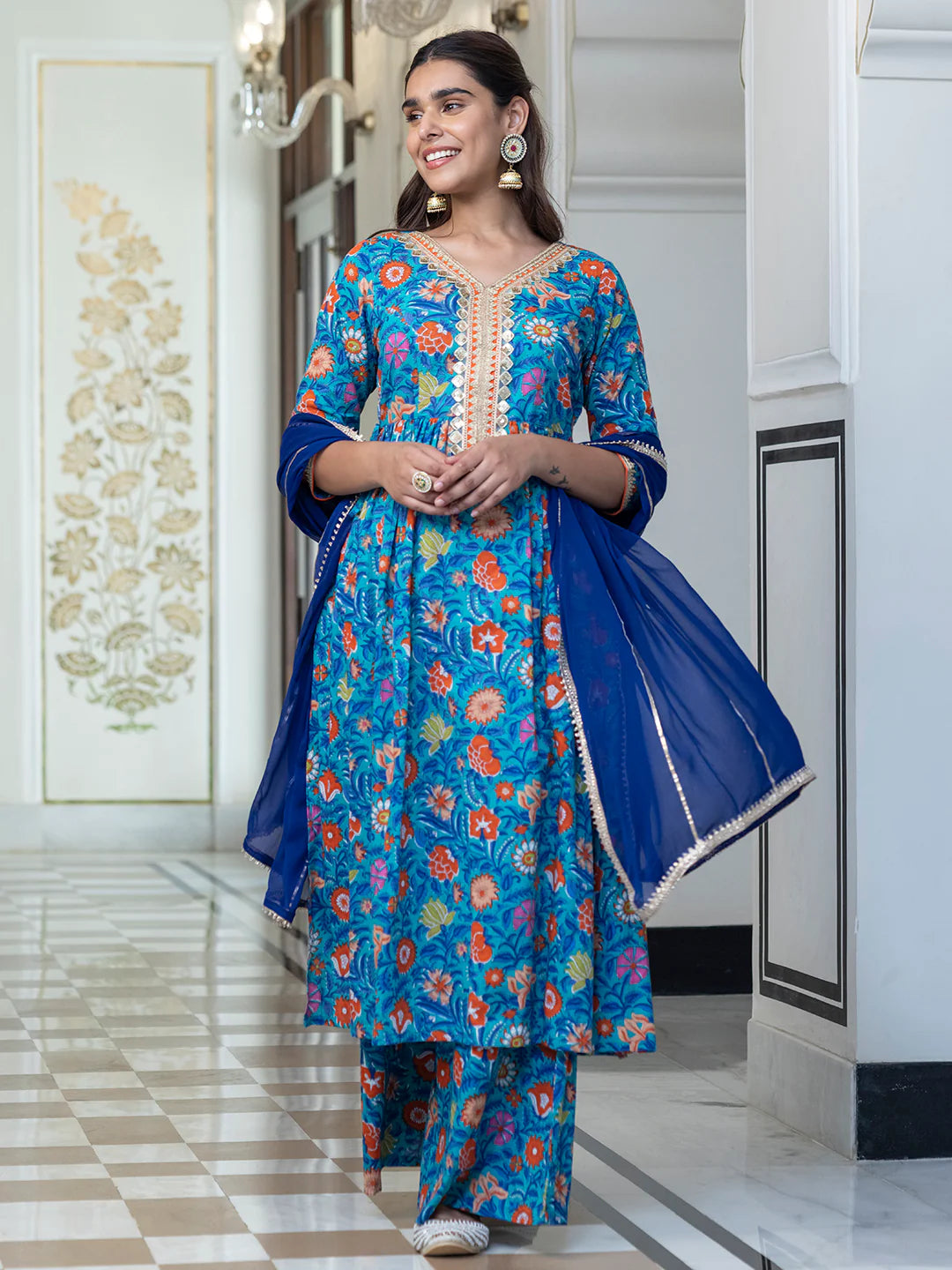 Sky Blue Cotton Embellished Ethnic Printed Kurta With Flared Palazzo And Dupatta