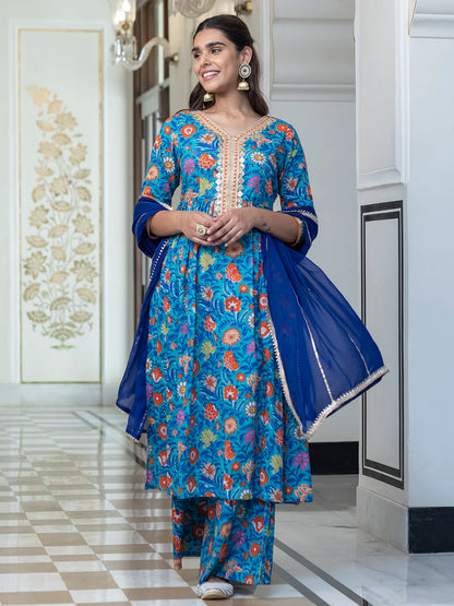Sky Blue Cotton Embellished Ethnic Printed Kurta With Flared Palazzo And Dupatta
