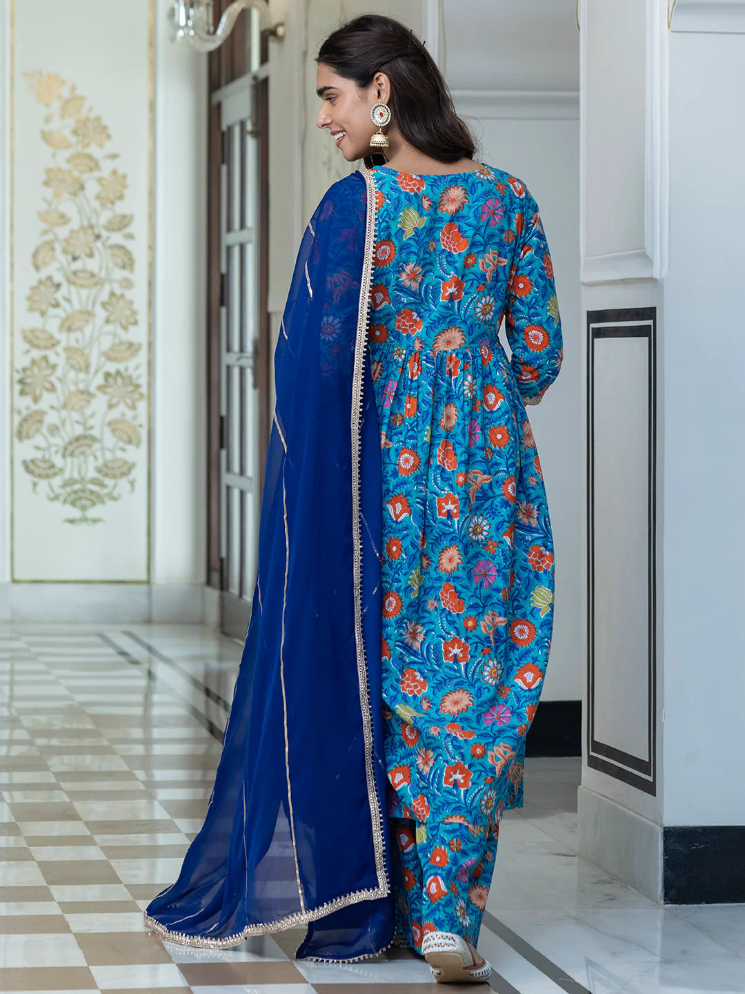 Sky Blue Cotton Embellished Ethnic Printed Kurta With Flared Palazzo And Dupatta