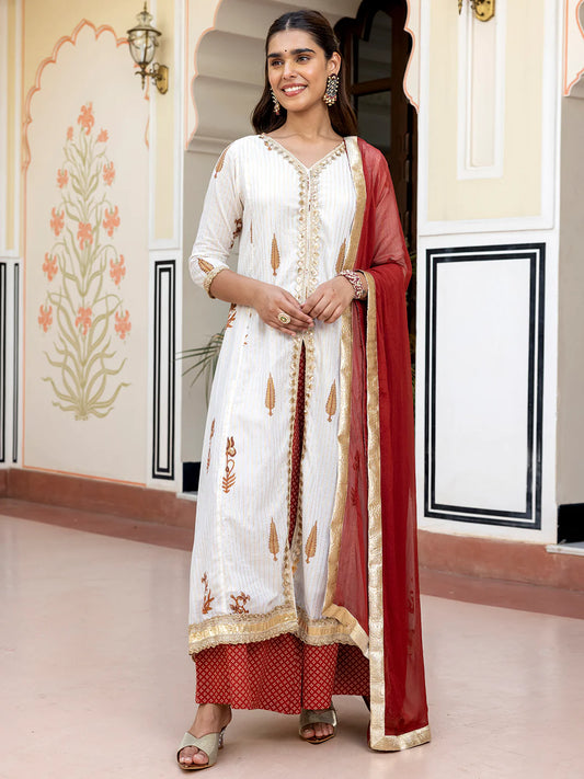 White Cotton Embellished Floral Printed Kurta With Flared Palazzo And Dupatta